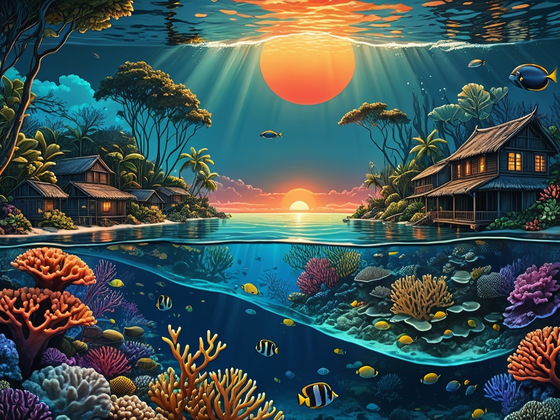Vibrant Seaside Village at Sunset with Coral Reefs