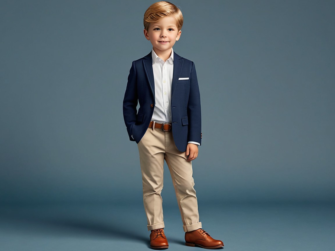 Young boy in formal attire against blue-gray background