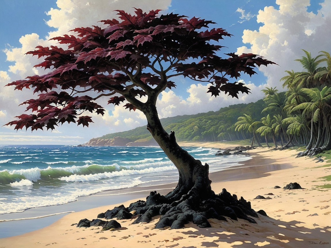 Serene Beach Scene with Vibrant Red-Leaved Tree