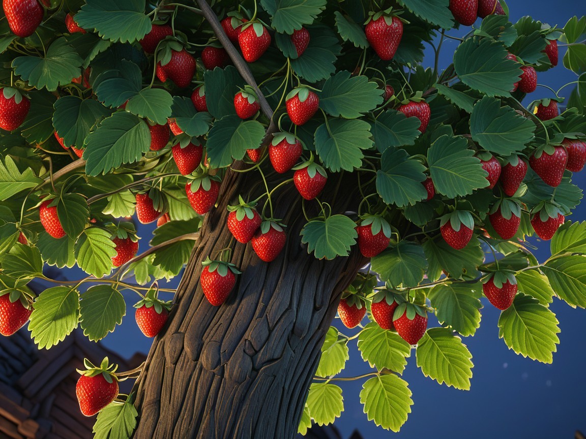 Whimsical tree with ripe strawberries and green leaves