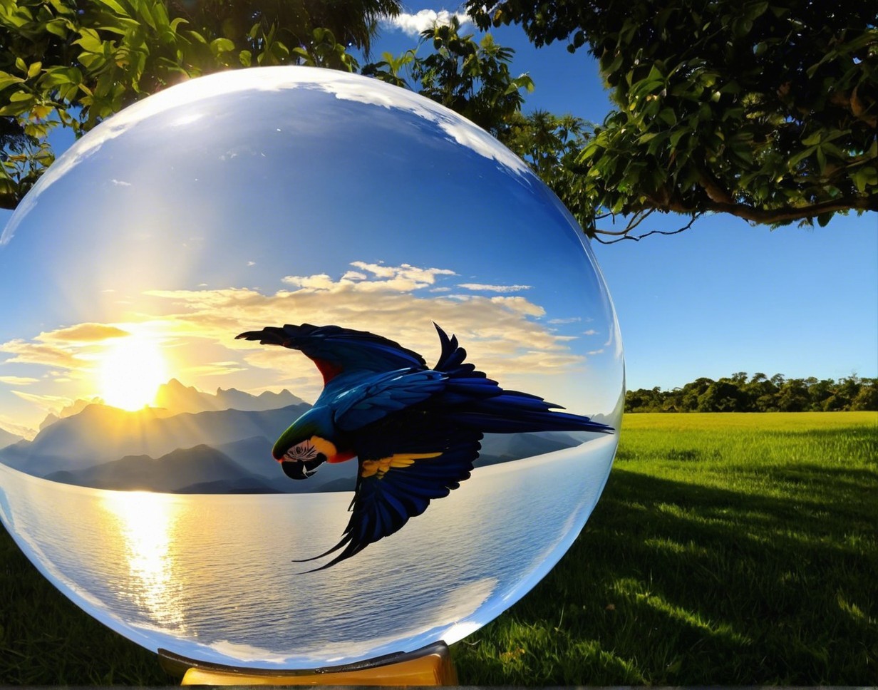 Glass Orb with Macaw Scene Over Lake at Sunset