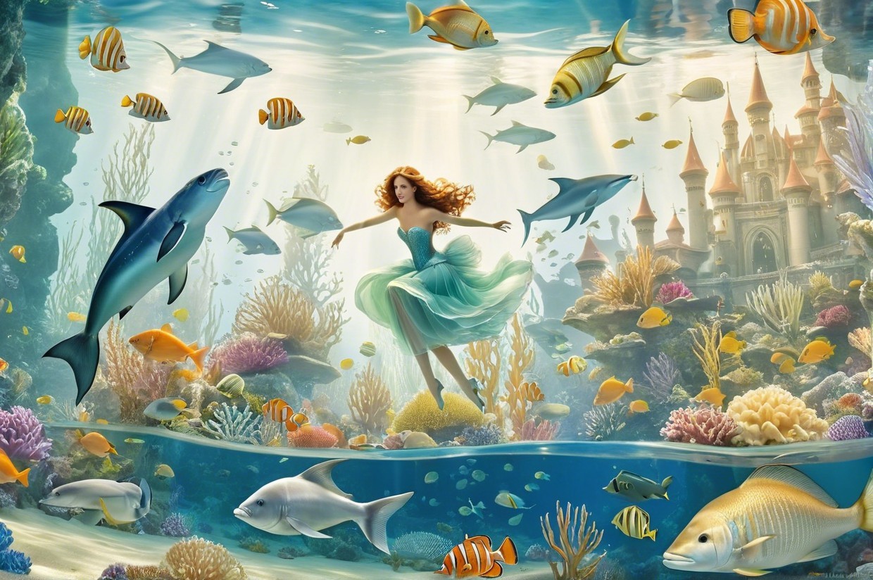 Underwater Scene with Woman, Fish, and Coral Reefs