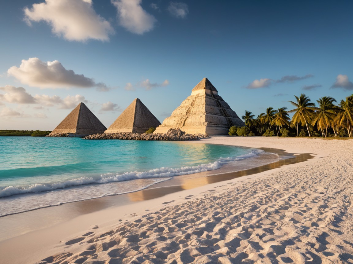 Beach Scene with Pyramids and Turquoise Sea