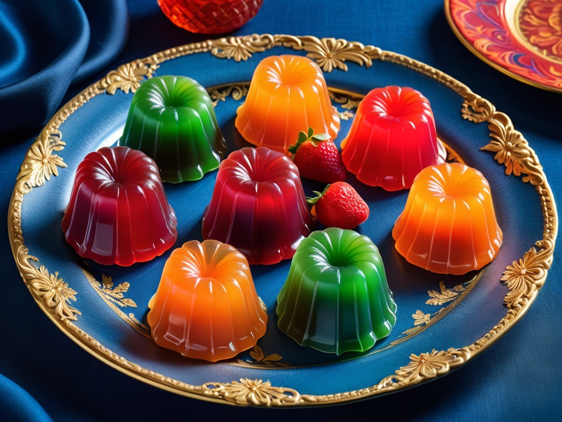 Vibrant Jelly Desserts on Decorative Blue Plate