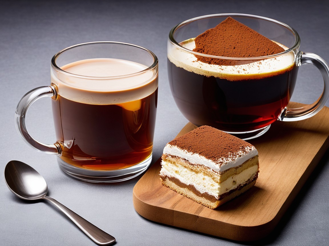 Coffee and Dessert on a Wooden Tray with Gray Background