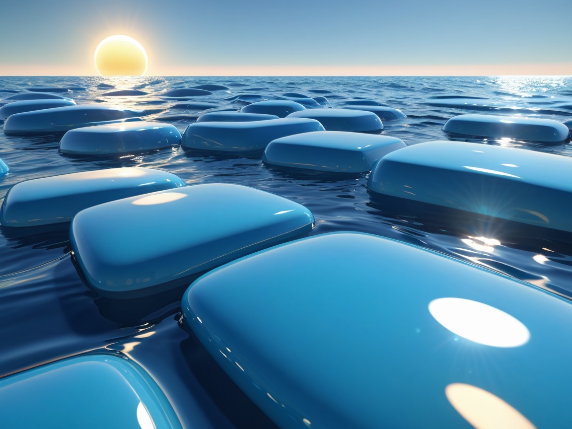 Floating Blue Rectangular Platforms on Water at Sunset