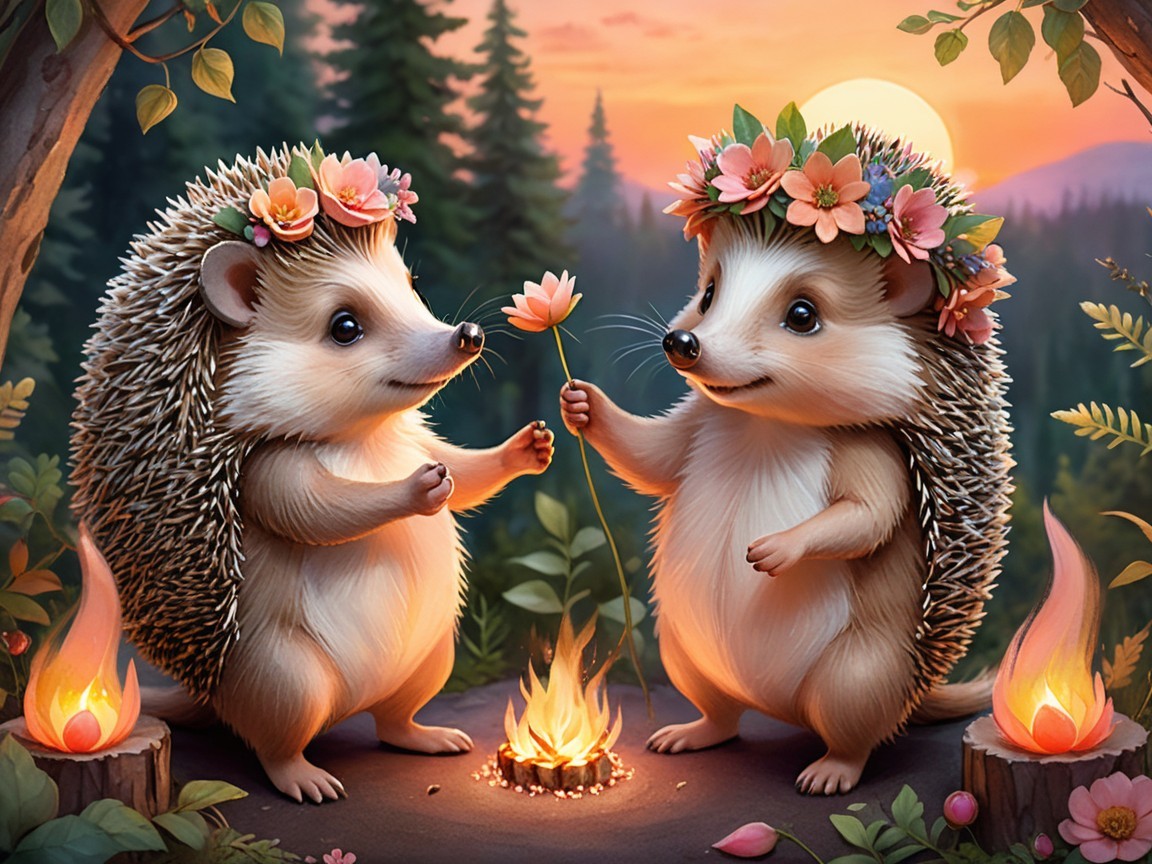 Hedgehogs in Flower Crowns at Campfire in Forest