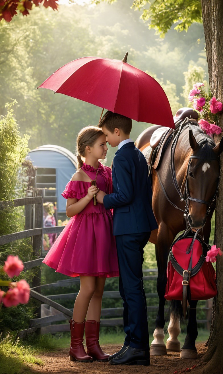 Children Under Red Umbrella in Serene Outdoor Setting