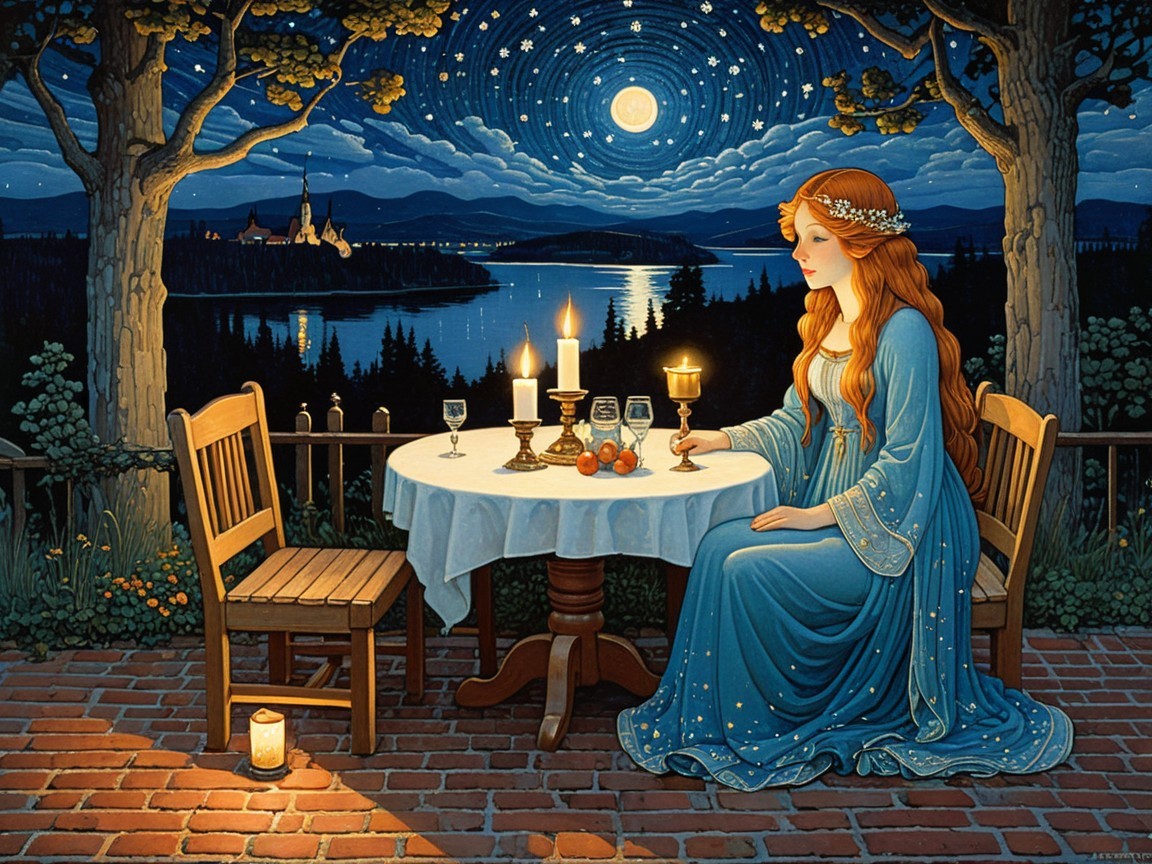 Serene Night Scene with Woman by Tranquil Lake