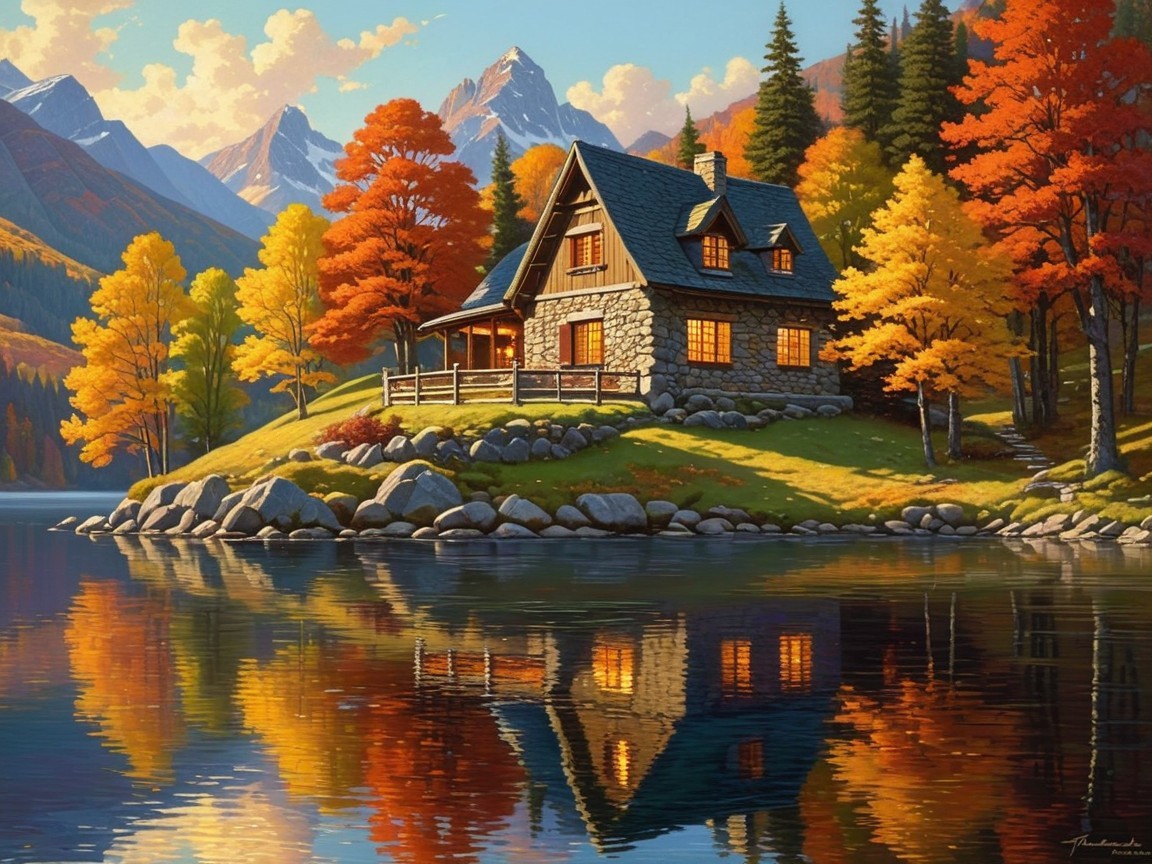 Stone Cottage on Tranquil Island with Autumn Foliage