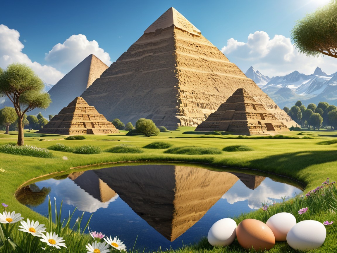 Serene Landscape with Pyramids and Tranquil Pond