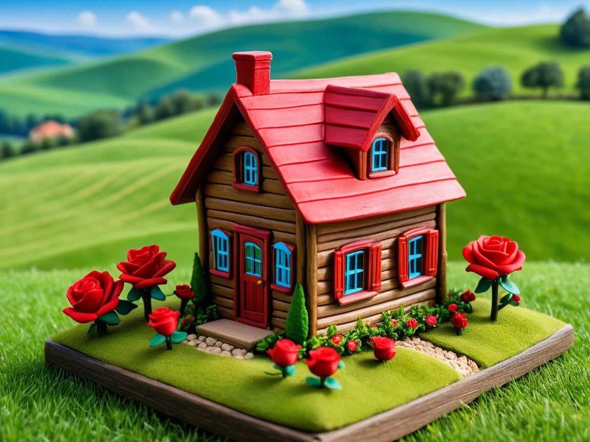 Miniature Colorful House with Garden and Hills