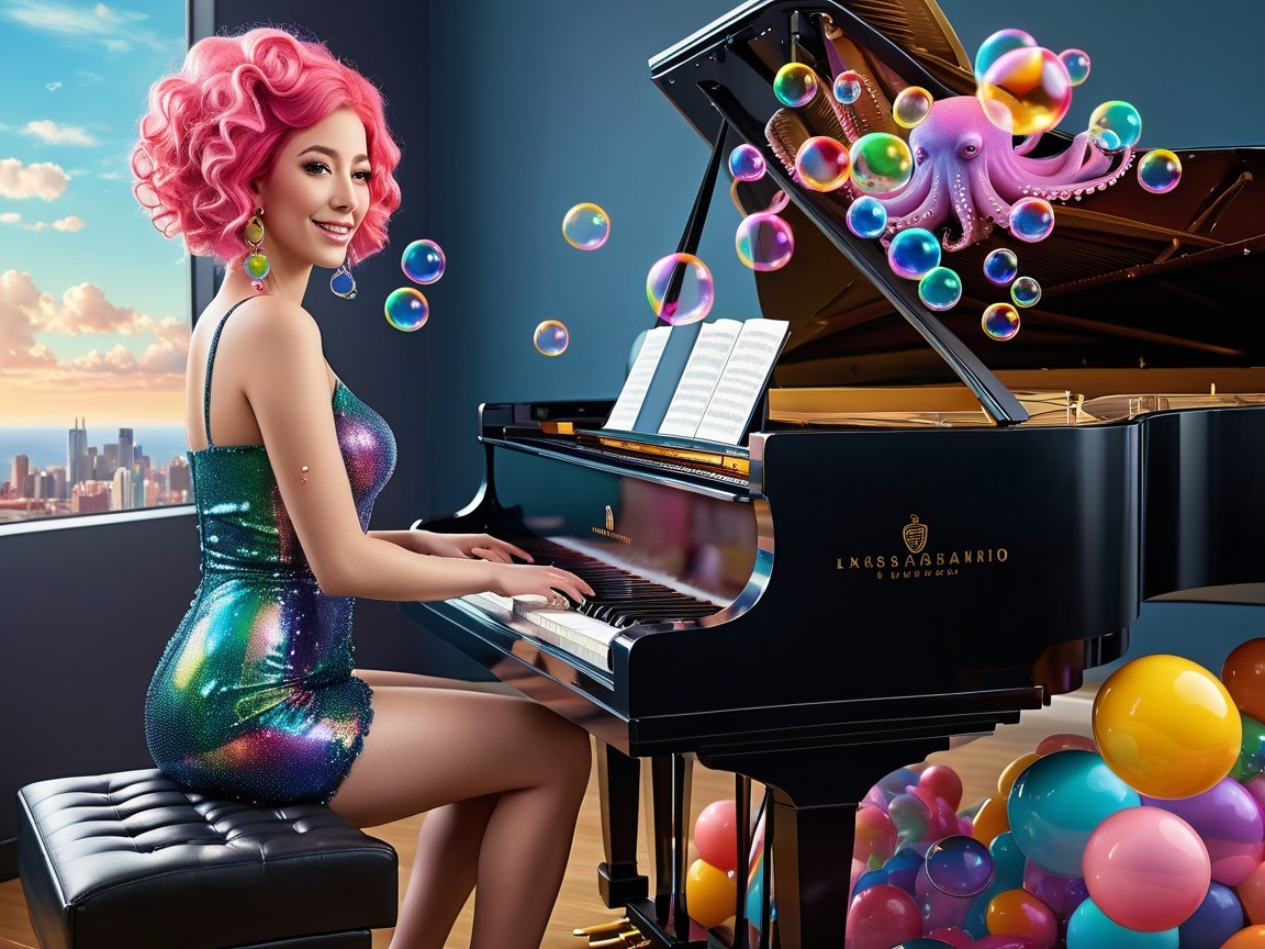 Glamorous Woman with Pink Hair at Grand Piano