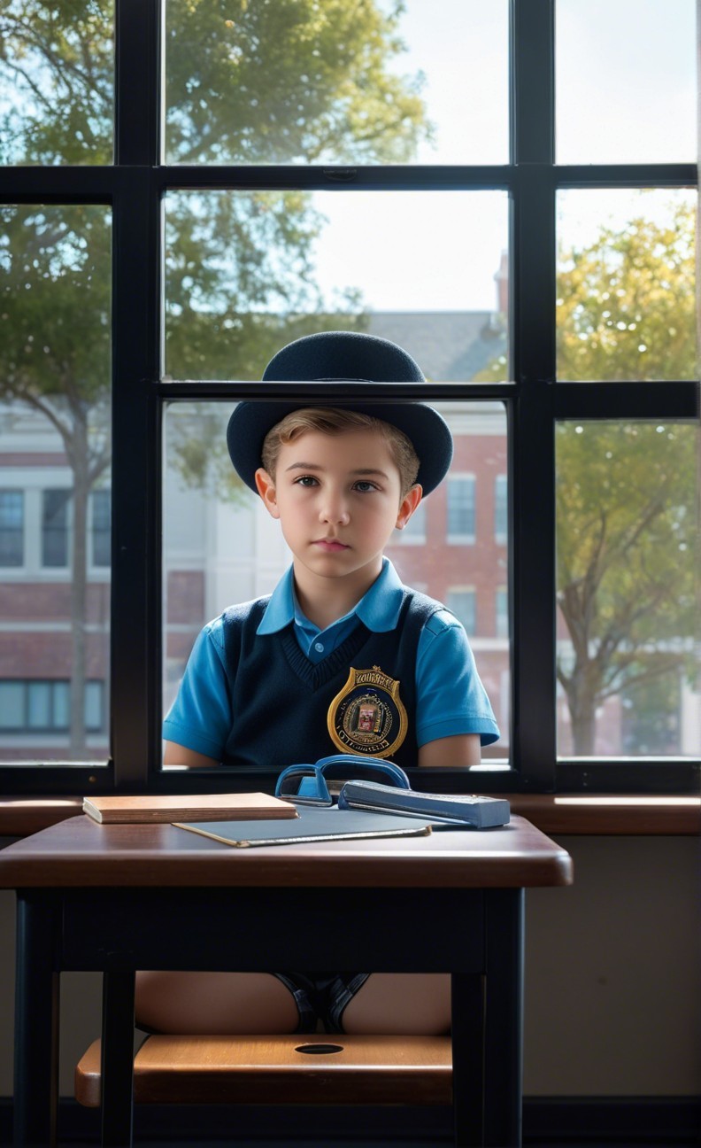 Young Boy in School Uniform at Desk by Window
