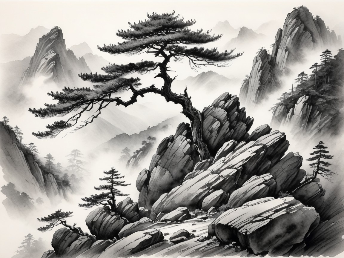 Solitary Tree on Rugged Rock Formation in Black and White