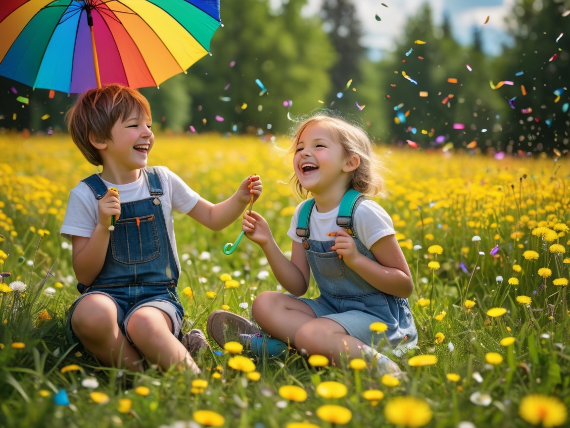 Children Playing with Bubbles in a Flower Field