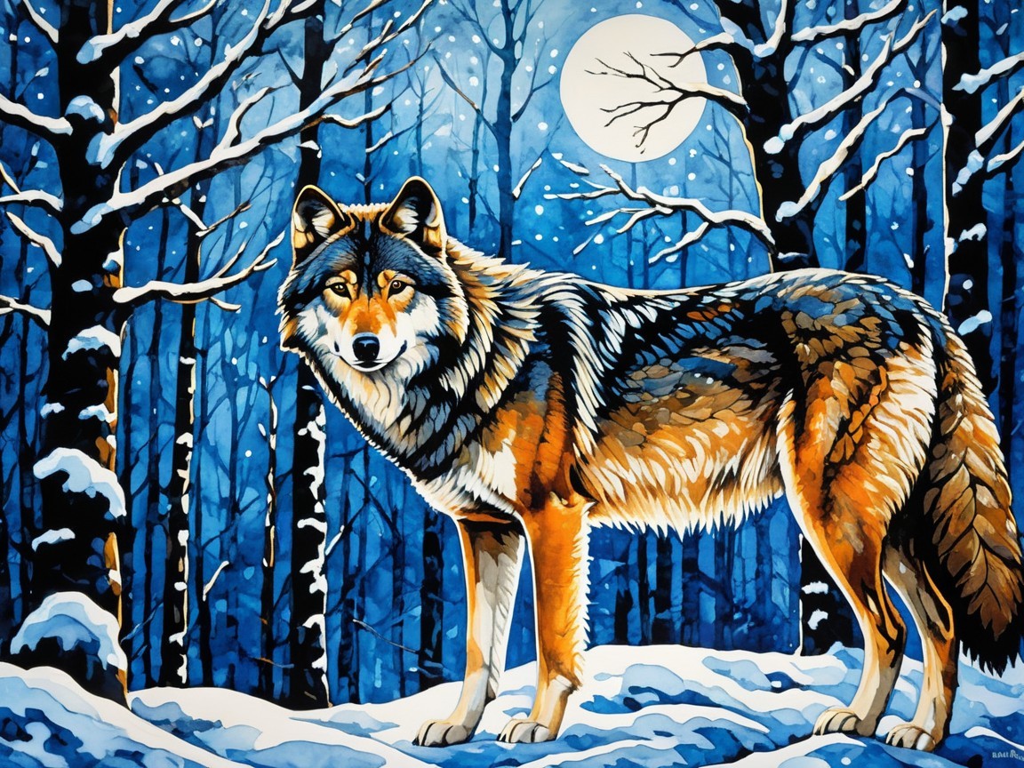 Wolf in Snowy Forest Under Full Moonlight
