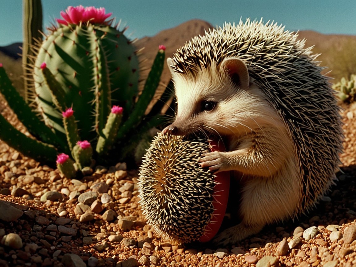 Hedgehog Interacts with Cactus in Desert Landscape