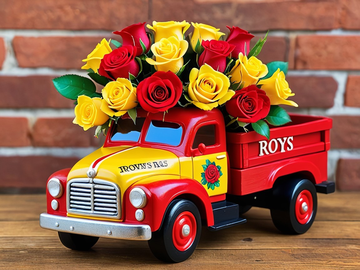 Vibrant Toy Truck with Faux Flowers on Rustic Background