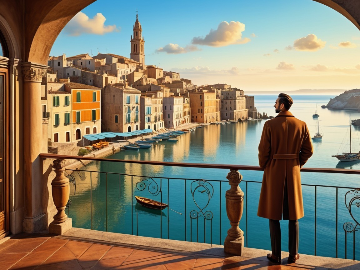Man on Balcony Overlooking Coastal Village at Sunset