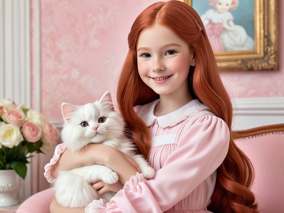 Young girl with red hair and white cat in pastel setting