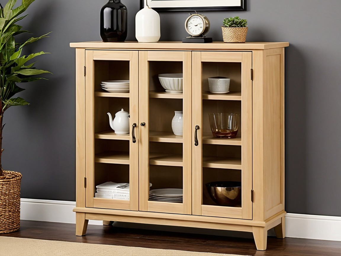 Wooden Cabinet with Glass Doors and Decorative Items
