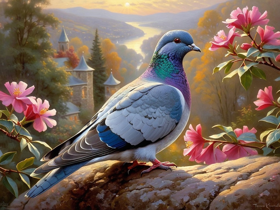 Detailed Pigeon on Stone with Serene Landscape Background