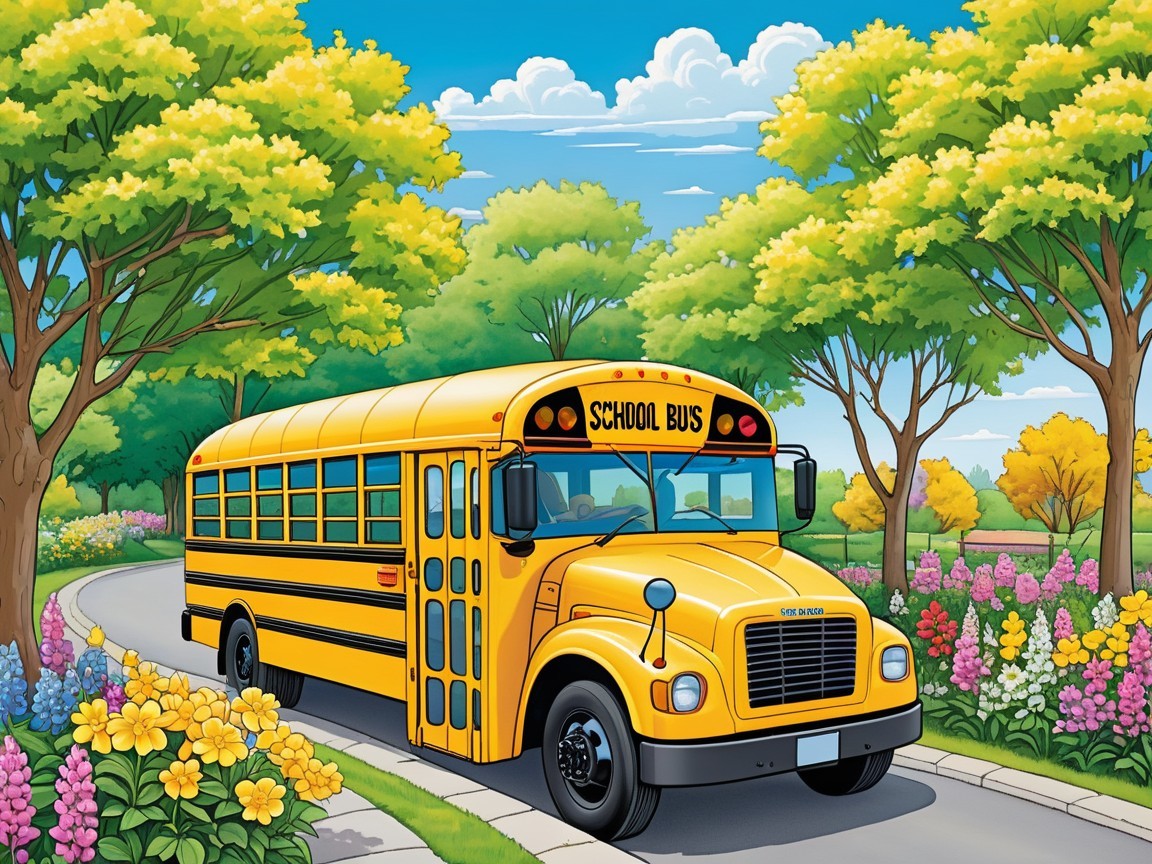 Yellow School Bus in Scenic Greenery and Blue Sky