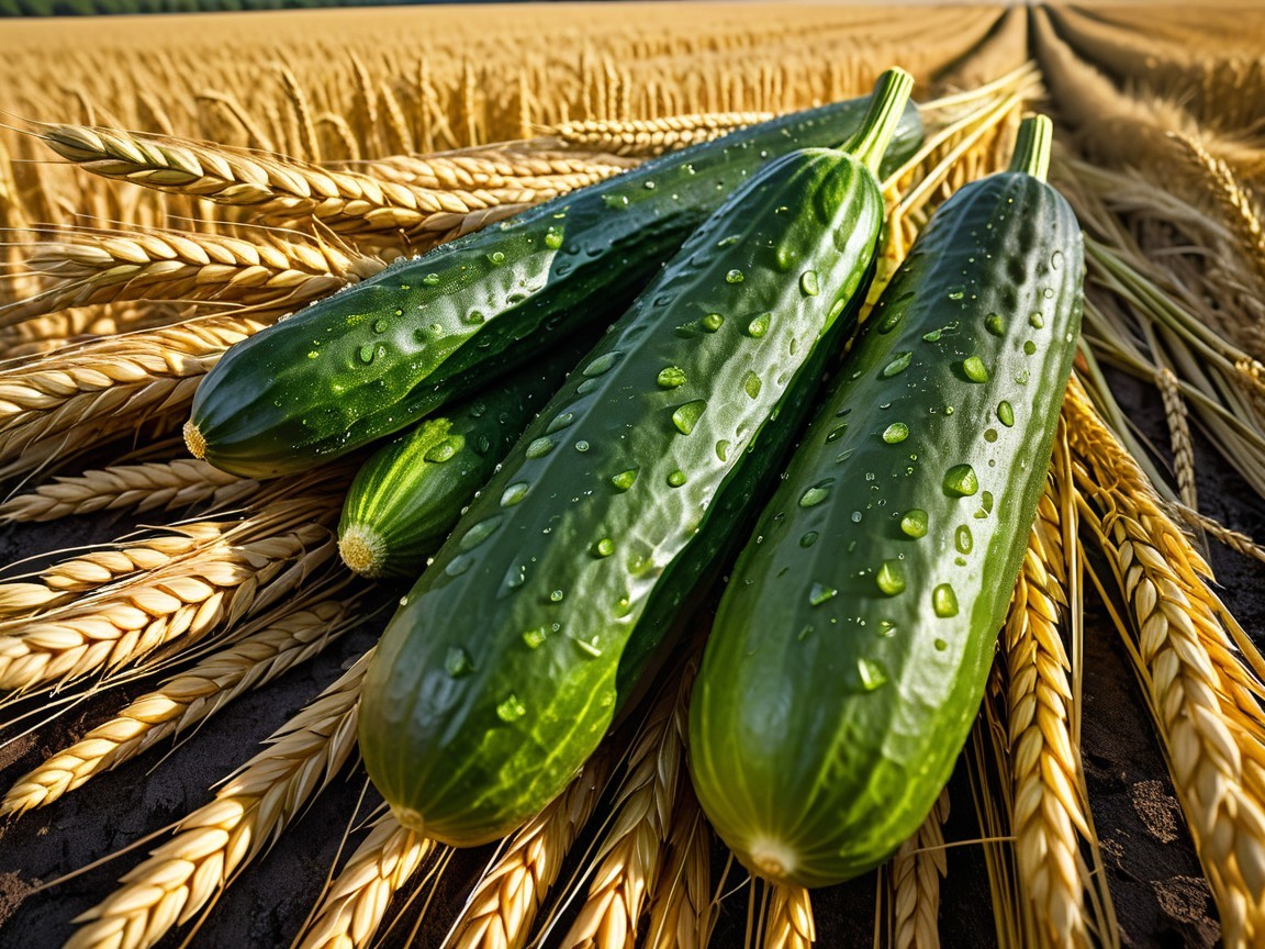 Fresh Cucumbers Against Golden Wheat Stalks Background