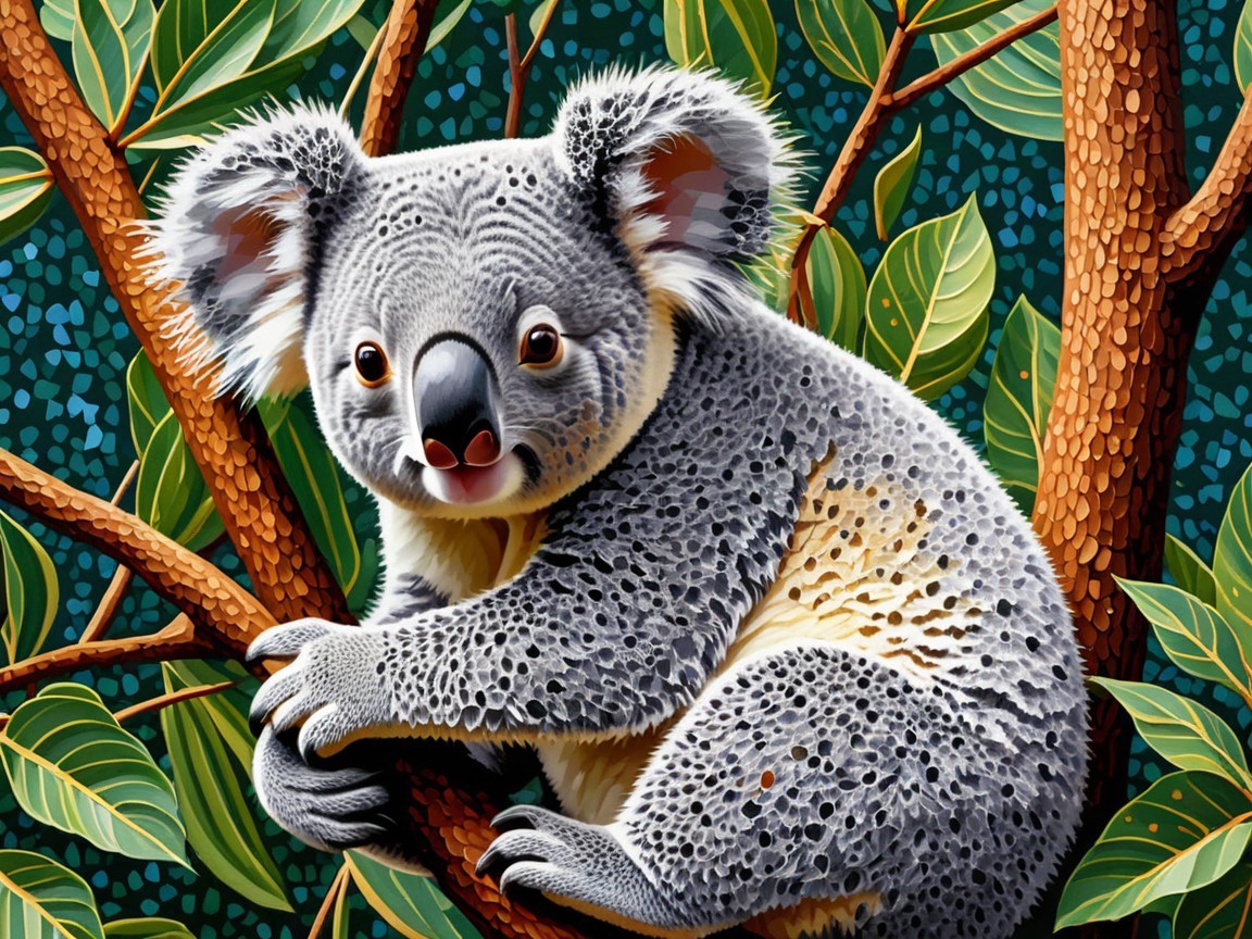Koala Resting on Tree Branch with Eucalyptus Leaves