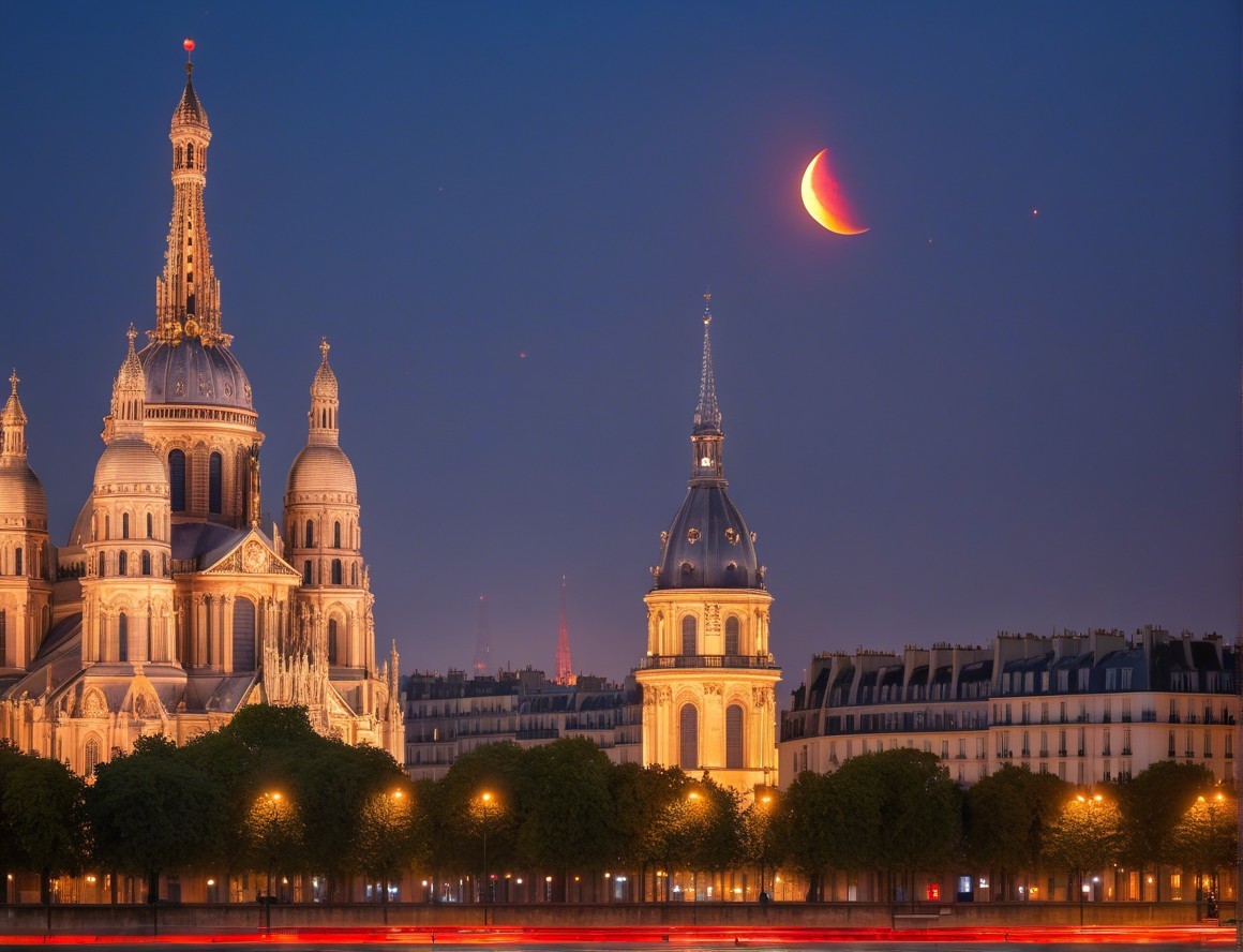 Twilight Scene of Basilica in Paris with Crescent Moon