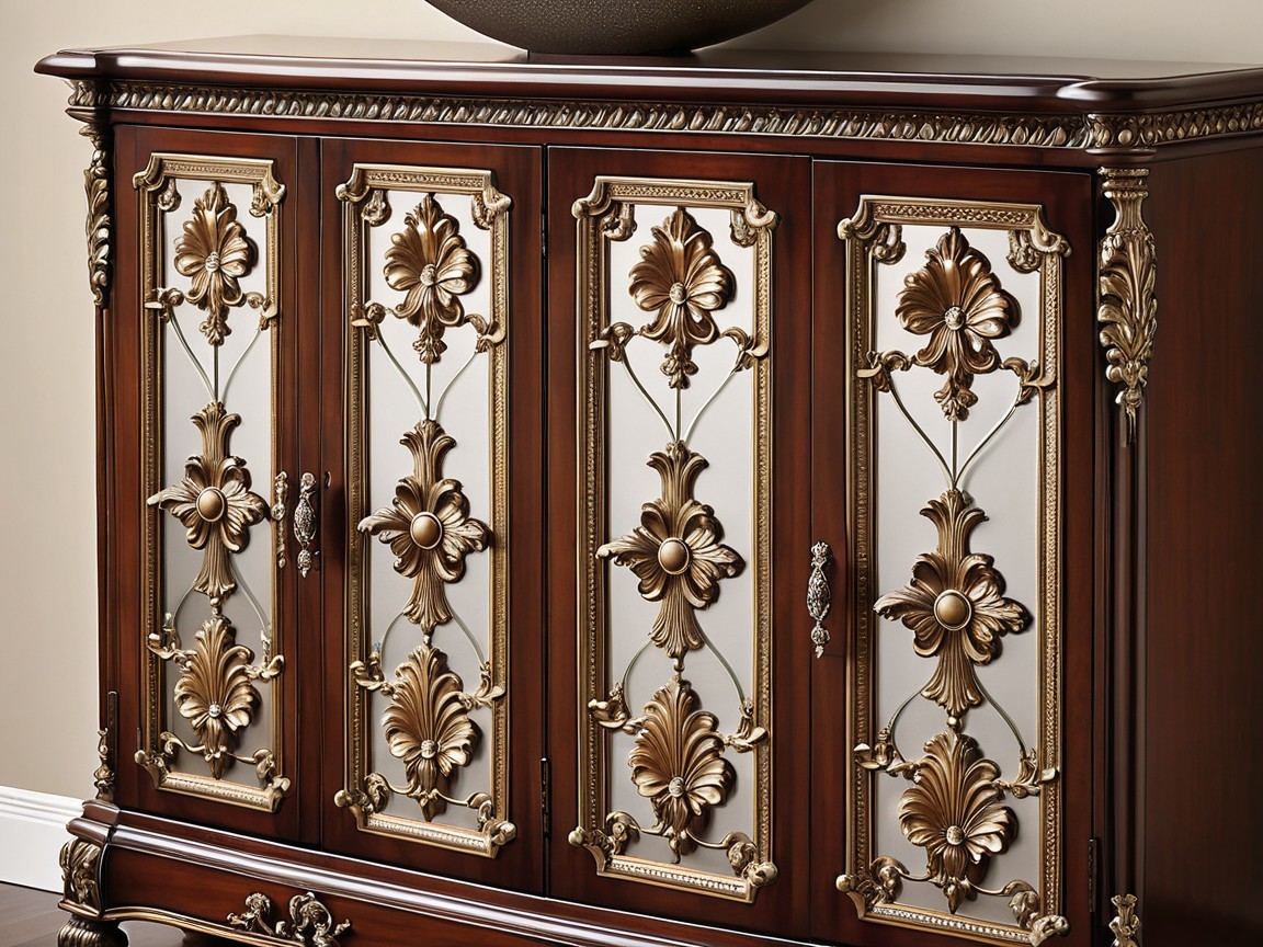 Elegant Wooden Cabinet with Intricate Carvings and Mirrors