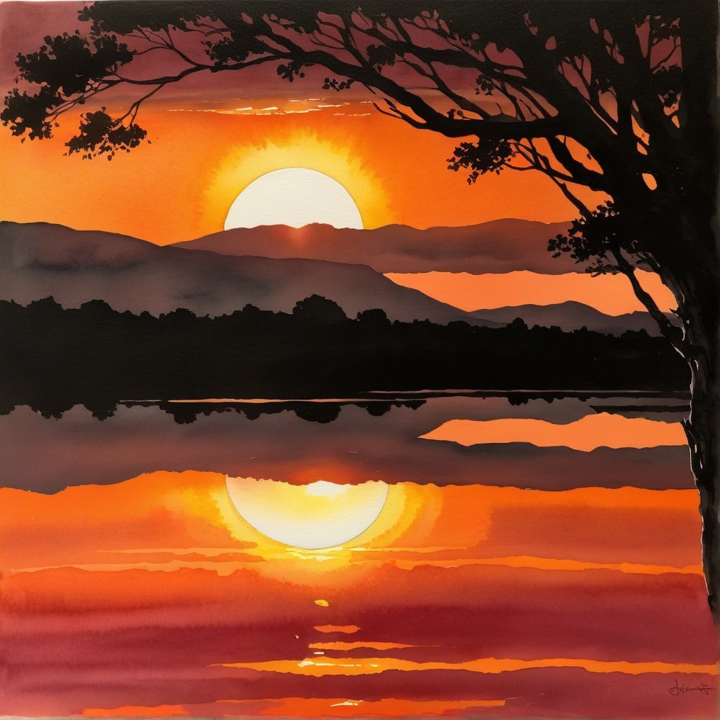 Vibrant Sunset Over Mountains and Calm Water Reflection