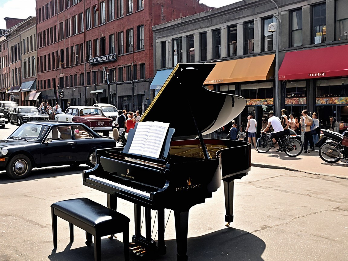 Grand piano in vibrant street with lively crowd and shops