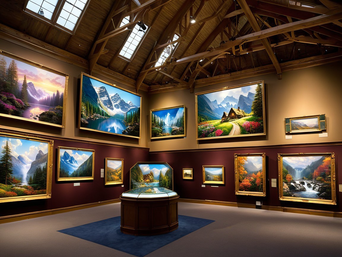 Art Gallery Showcasing Landscape Paintings and Displays