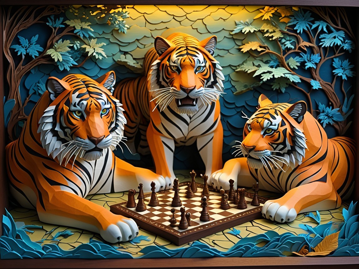 Tigers Playing Chess in a Lush Natural Setting