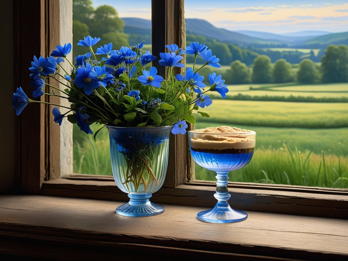 Serene Window View with Green Hills and Blue Flowers