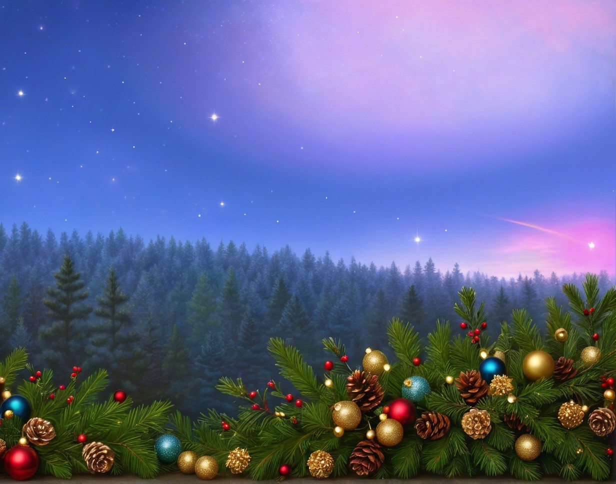 Winter Mountain Forest Night with Festive Garland