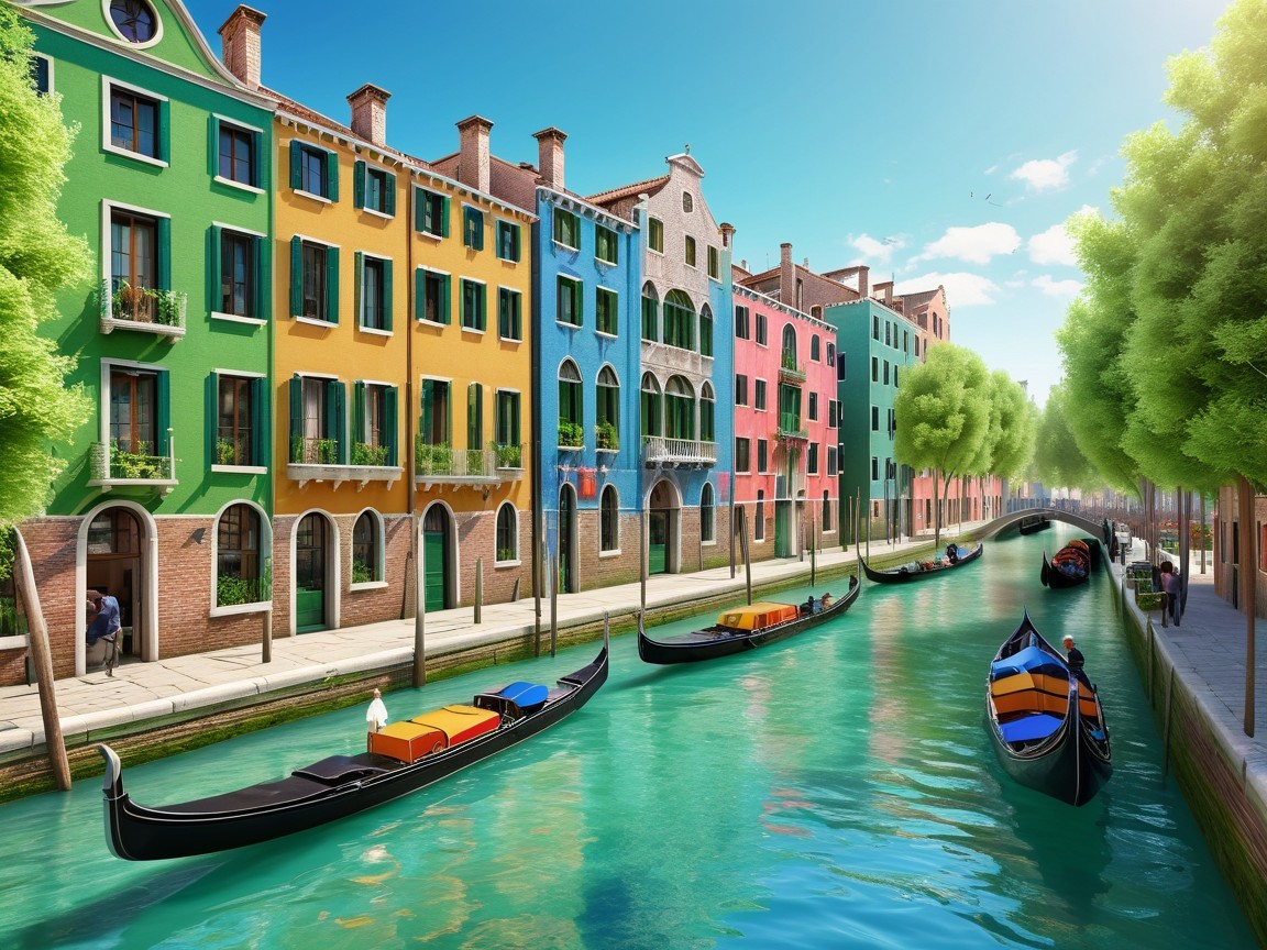 Vibrant Canal Scene with Colorful Buildings and Gondolas