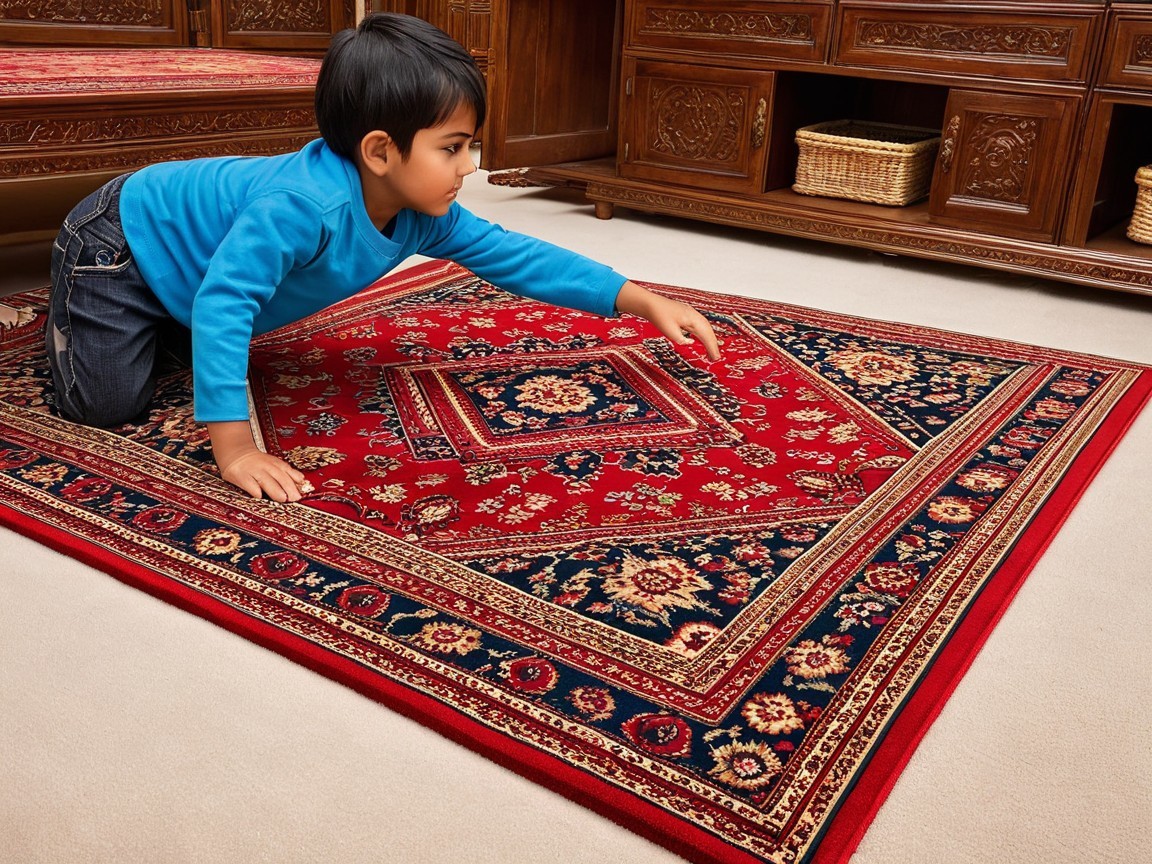 Young boy crawling on a red patterned rug indoors