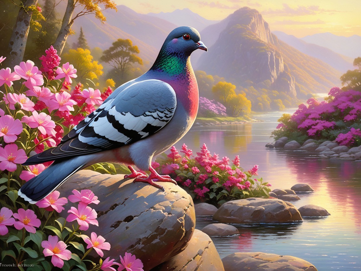 Colorful Pigeon Overlooking Tranquil River and Mountains