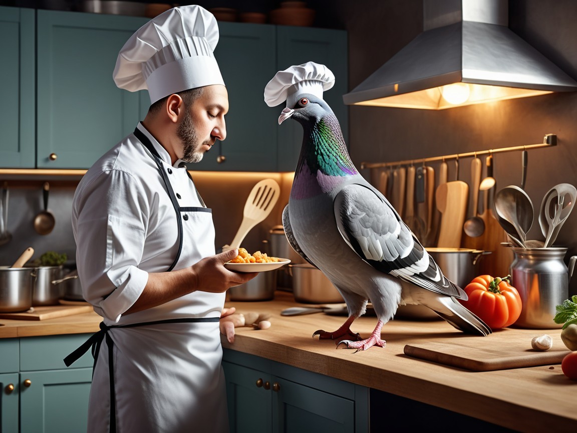 Chef in Kitchen with Colorful Pigeon and Ingredients
