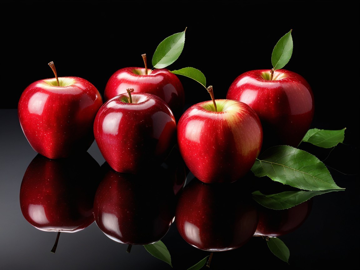 Five Shiny Red Apples on Reflective Black Surface