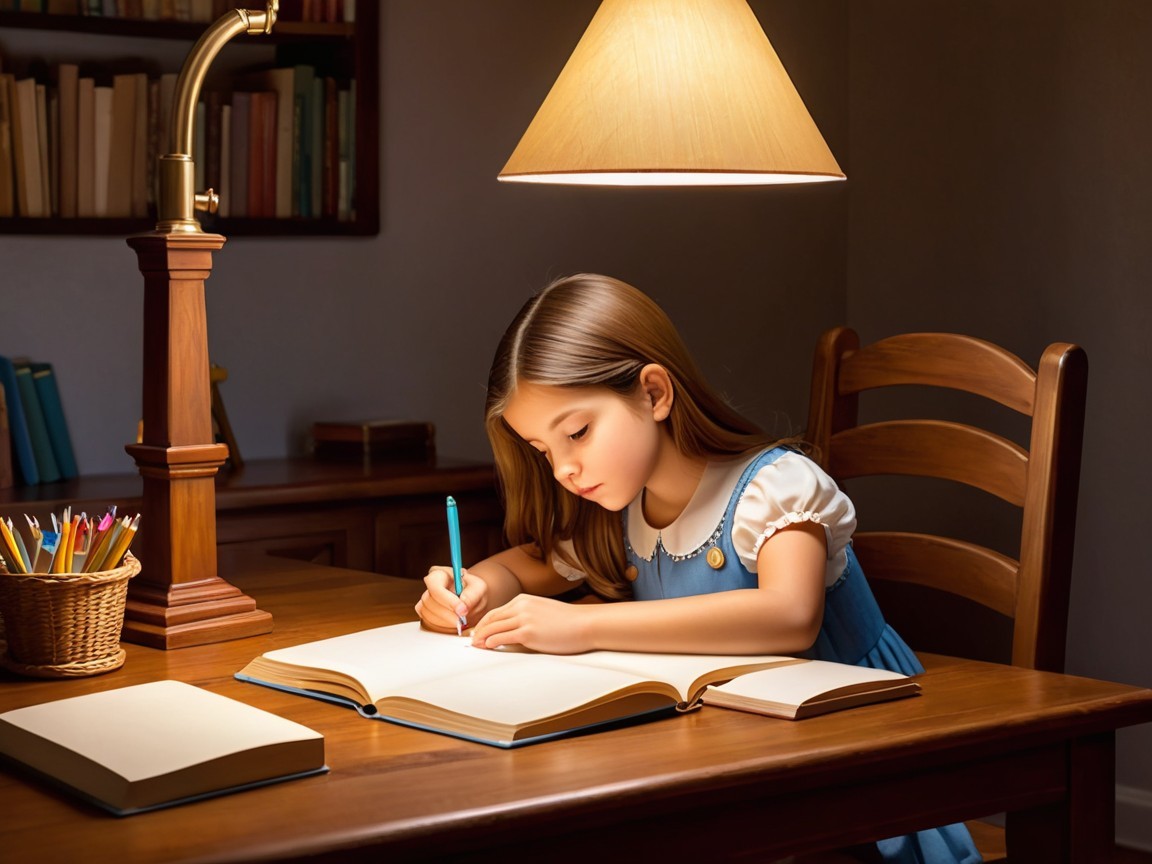 Young girl writing at a wooden desk in cozy study