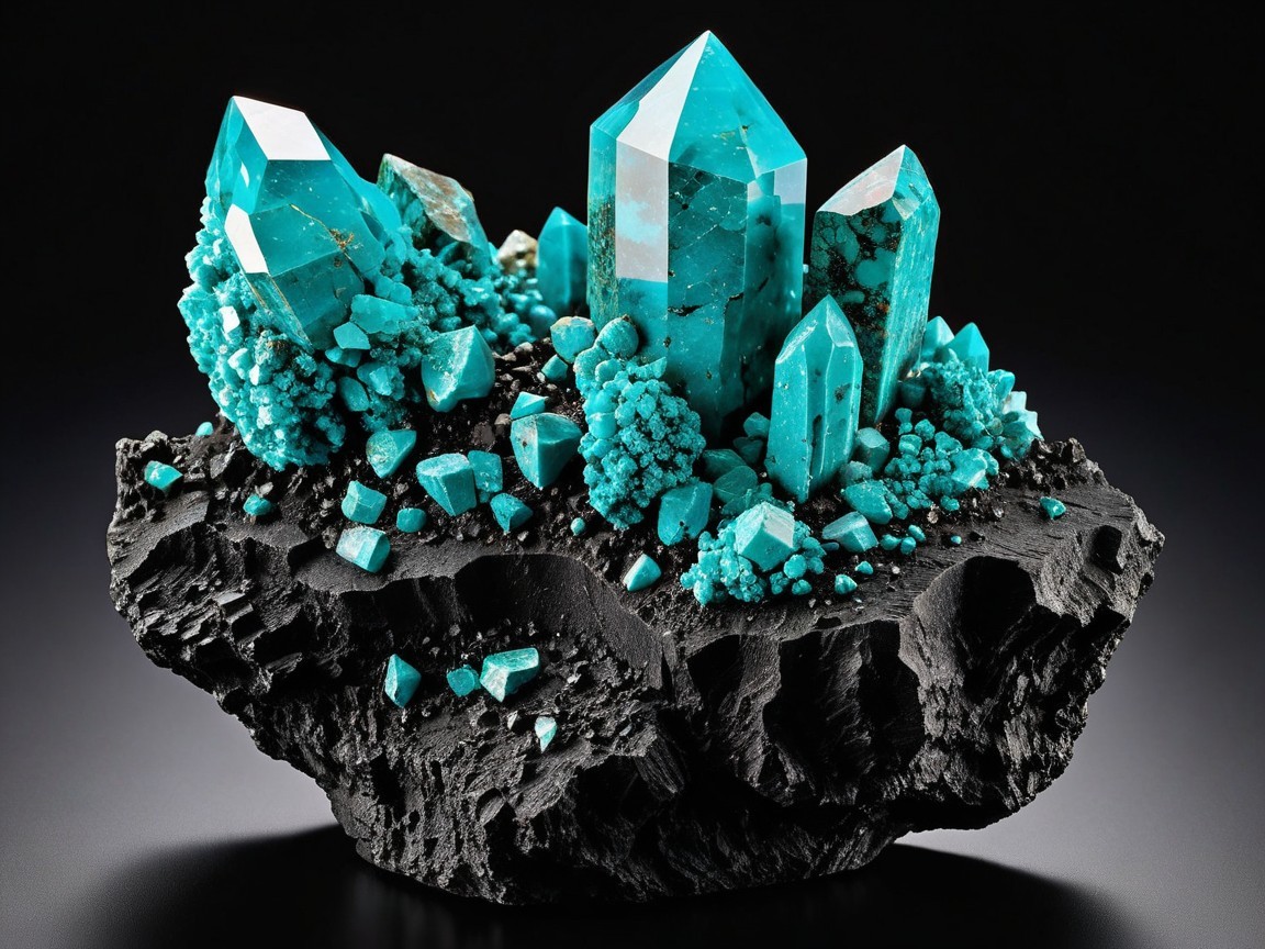 Turquoise Crystals with Angular Formations on Dark Base