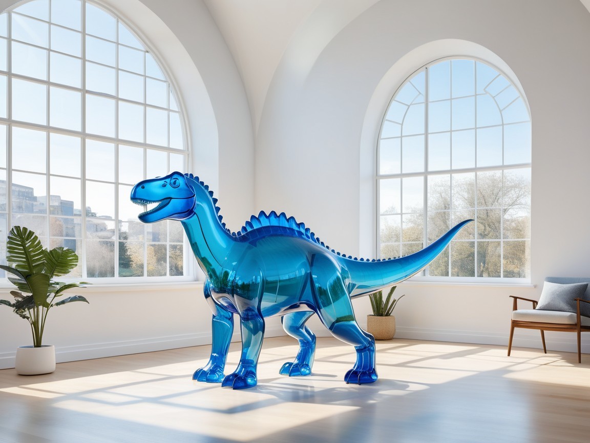 Translucent Blue Dinosaur Sculpture in Bright Room