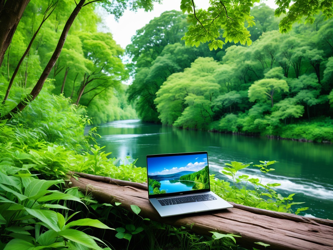 Natural Landscape with Laptop by Riverbank