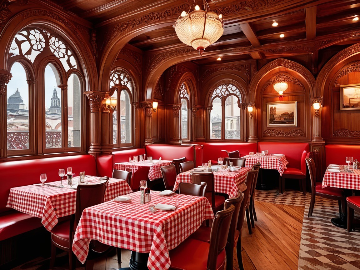 Cozy Restaurant Interior with Gothic Architecture Elements