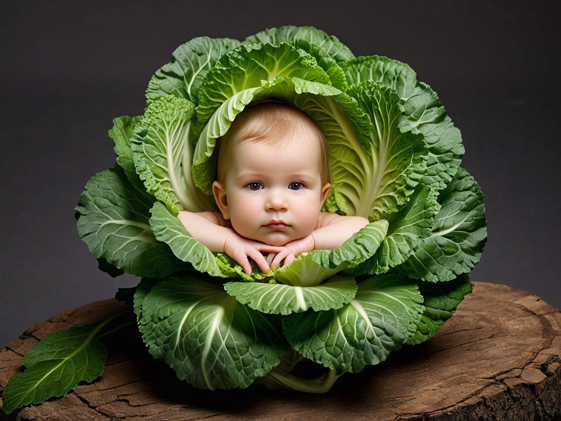 Baby in a Cabbage Surrounded by Green Leaves