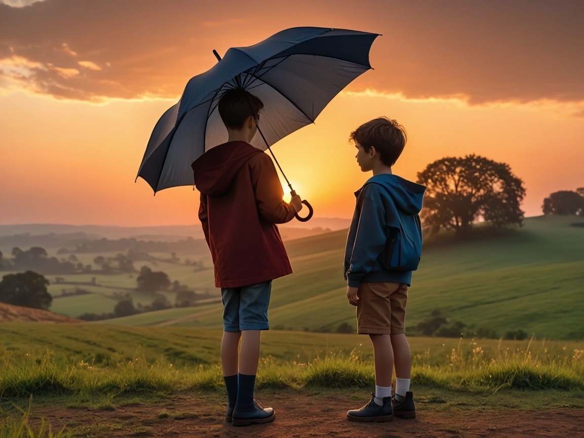 Boys with Umbrella on Grassy Hill at Sunset